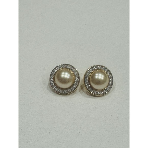 Swarovski Jewelry - Swarovski Pearl Crystal Halo Stud Earrings Gold Tone Swan Signed